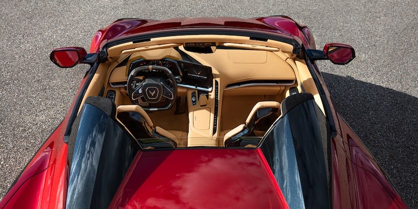 Red Corvette opened roof view from top
