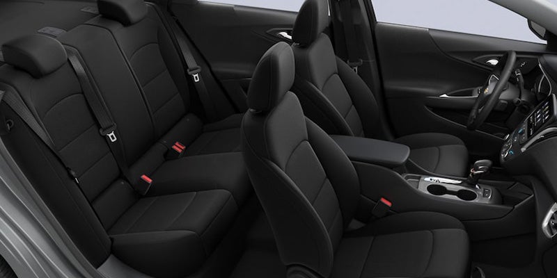 Interior of Chevrolet Malibu with Black seats and red seatbelt holder